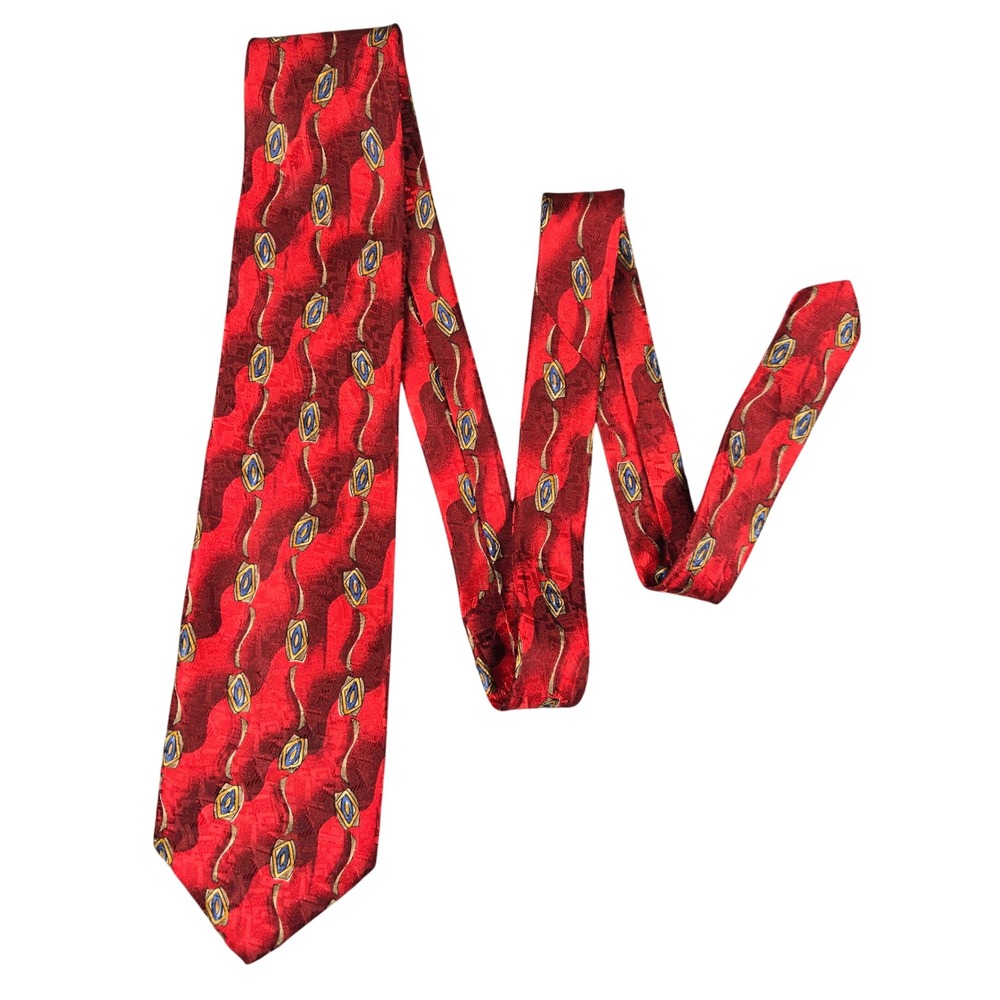 Robert Talbott Studio Silk Tie Mens Red Geometric Diamond Wavy Jacquard 3.75in